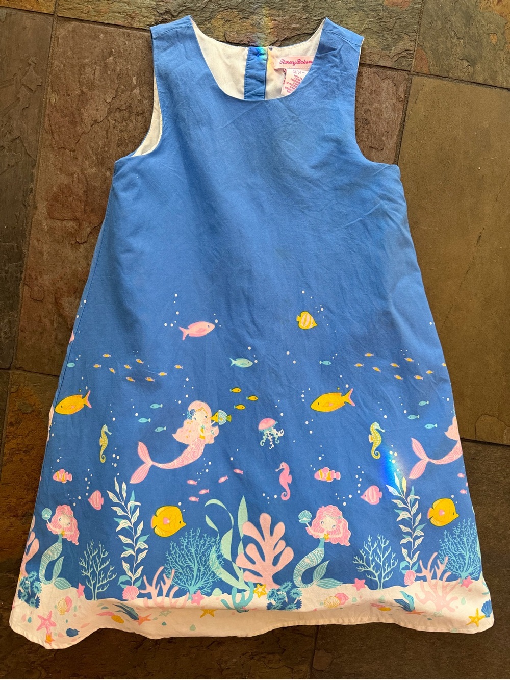 Tommy Bahama Sz 7 Blue Mermaid Print Girls' Dress lined button neck